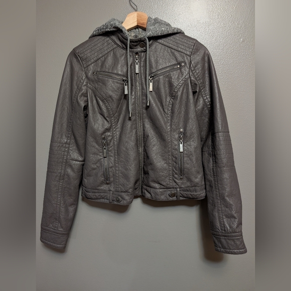 J2 Juniors Faux Leather Moto Jacket Detachable Hood Size M - Picture 1 of 8